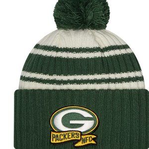 Green Bay Packers New Era Cream Green 2022 Sideline Sport Cuffed Pom Knit